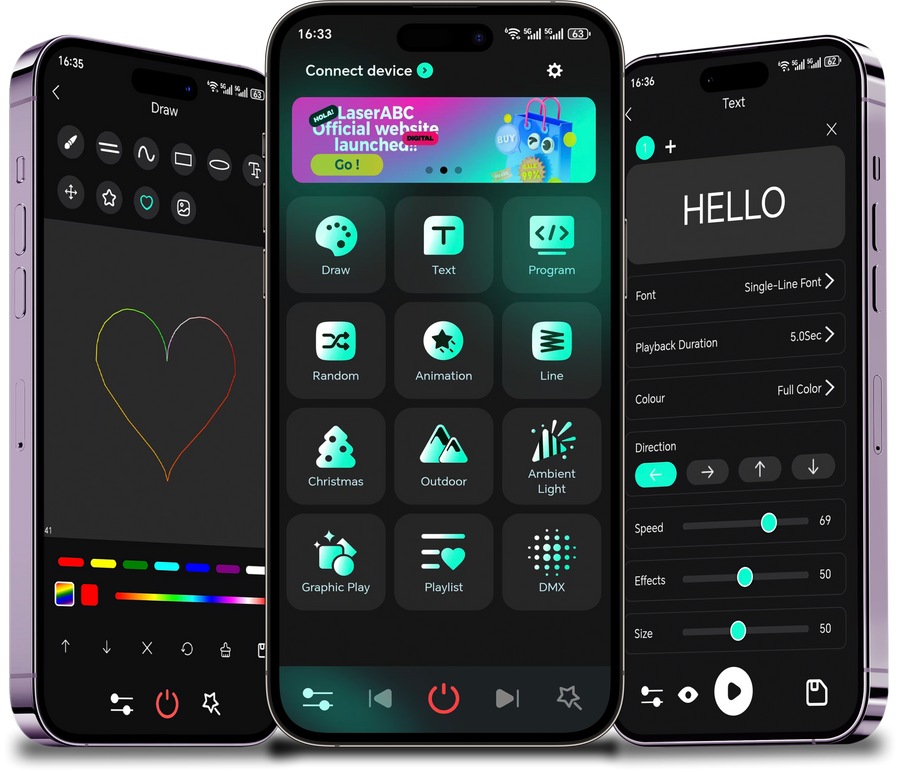 Laserabc Light App drawing, text and DMX control screens